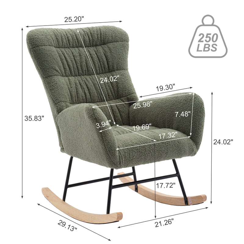 Supfirm Nursery Rocking Chair, Teddy Upholstered Glider Rocker, Rocking Accent Chair with High Backrest, Comfy Rocking Accent Armchair for Living Room, Bedroom, Offices, GREEN