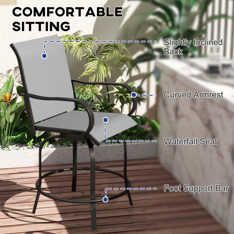 Supfirm Outdoor Bar Stools with Armrests, Set of 2 360° Swivel Bar Height Patio Chairs with High-Density Mesh Fabric, Steel Frame Dining Chairs for Balcony, Poolside, Backyard, Gray