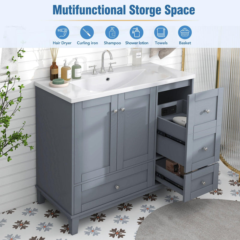 Supfirm 36 Inch Modern Bathroom Vanity with USB Charging, Two Doors and Three Drawers Bathroom Storage Vanity Cabinet with single top, Small Bathroom Vanity cabinet with sink , White & Gray Blue - Faucets Not - Supfirm