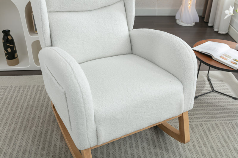 Supfirm 049-Teddy Fabric Rocking Chair With Packet Wood Legs,Ivory