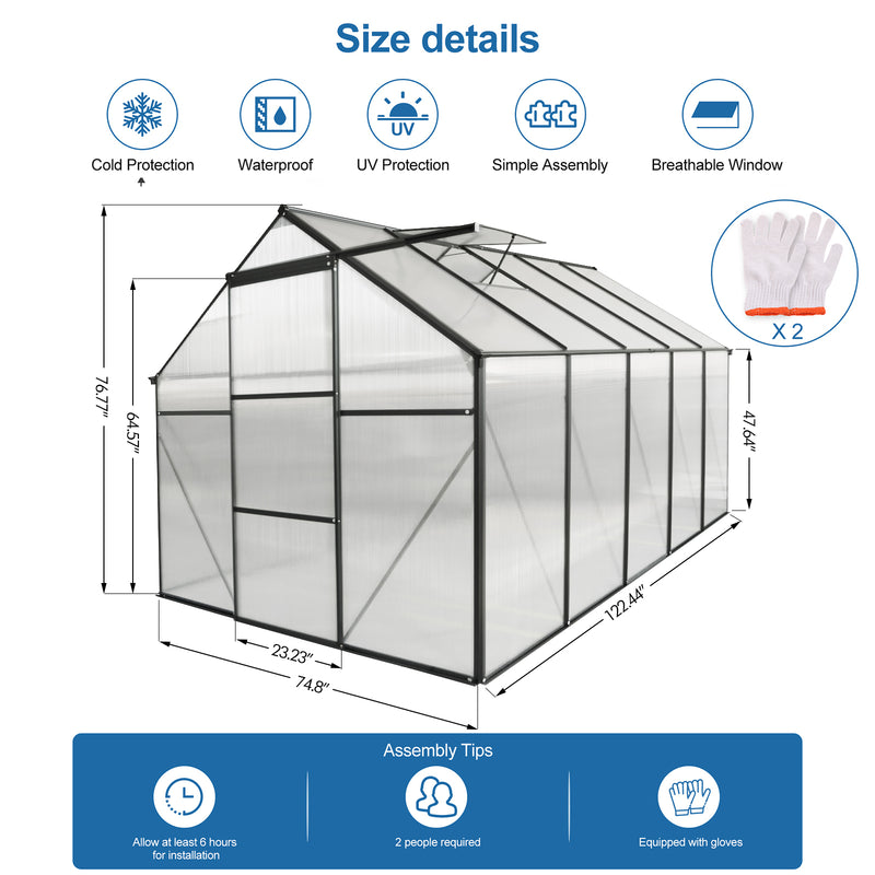 Supfirm 6x10 FT Polycarbonate Greenhouse Raised Base and Anchor Aluminum Heavy Duty Walk-in Greenhouses for Outdoor Backyard in All Season