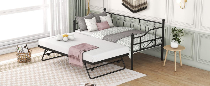 Twin Size Metal Daybed with Twin Size Adjustable Trundle, Portable Folding Trundle, Black - Supfirm