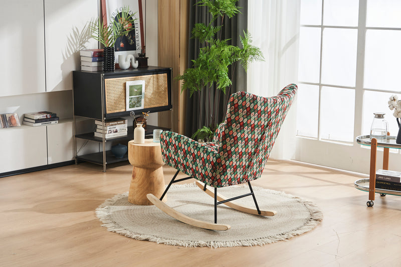 Supfirm Rocking Chair Nursery, Solid Wood Legs Reading Chair with Teddy Fabric Upholstered , Nap Armchair for Living Rooms, Bedrooms, Offices, Best Gift,Colorful  fabric