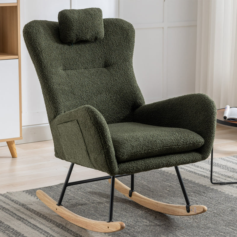 Supfirm 35.5 inch Rocking Chair with Pocket, Soft Teddy Fabric Rocking Chair for Nursery, Comfy Wingback Glider Rocker with Safe Solid Wood Base for Living Room Bedroom Balcony (dark green)