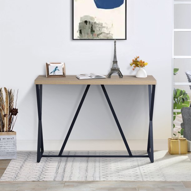 Supfirm 47.2'' Sofa Table; Wood Rectangle Console Table with Metal Frame - Oak & Black