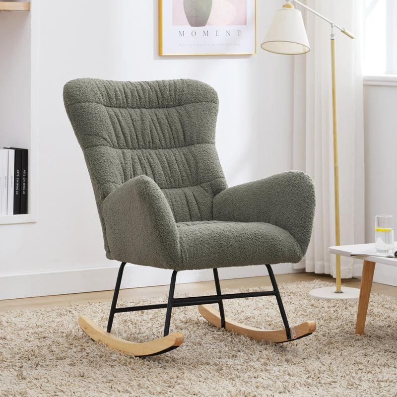 Supfirm Nursery Rocking Chair, Teddy Upholstered Glider Rocker, Rocking Accent Chair with High Backrest, Comfy Rocking Accent Armchair for Living Room, Bedroom, Offices, GREEN