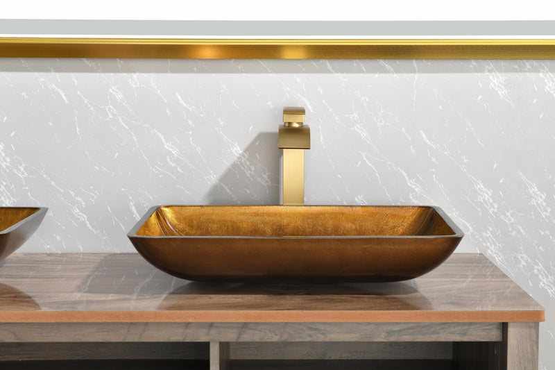 Supfirm 22.25" L -14.25" W -4 1/2" H Glass Rectangular Vessel Bathroom Sink in Gold  Set with gold Faucet and gold Pop Up Drain