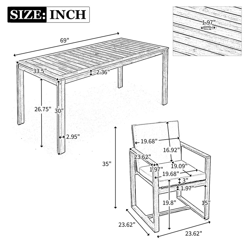 Supfirm Patio Dining Set Outdoor Dining Table and Chair Set with  and Removable Cushions for Patio, Backyard, Garden, Light Teak