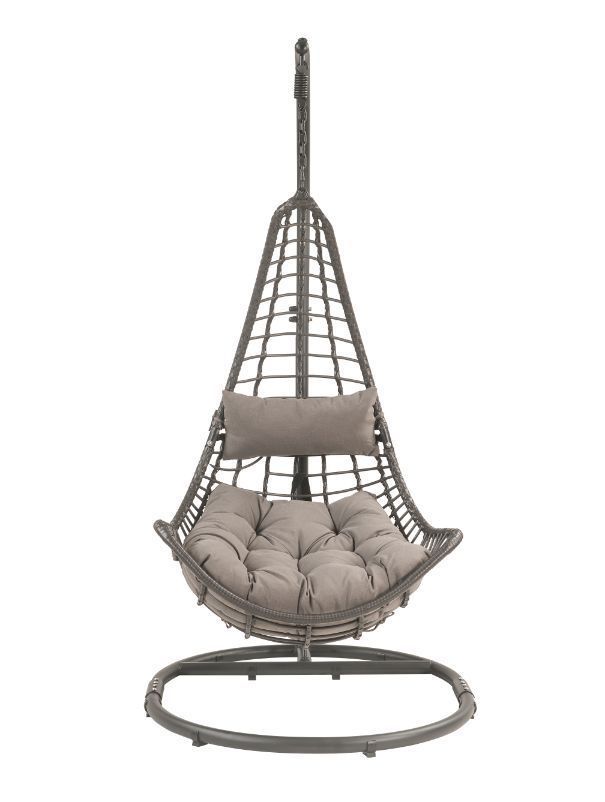 Supfirm ACME Uzae Patio Hanging Chair with Stand, Gray Fabric & Charcaol Wicker 45105