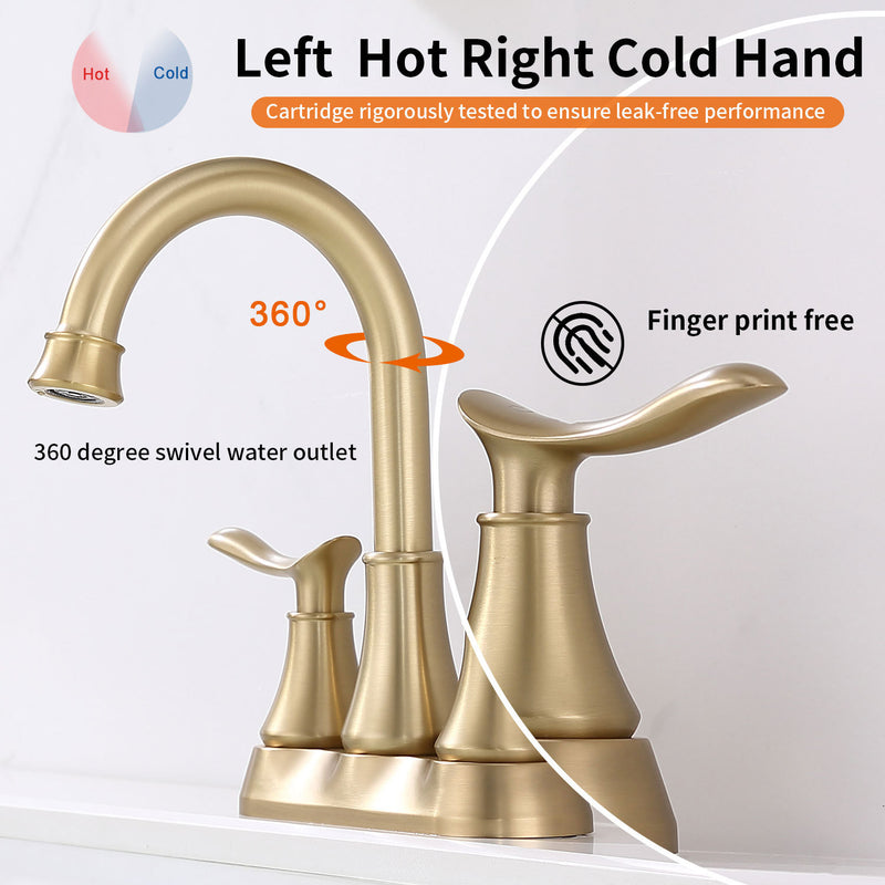 Supfirm 2-Handle 4-Inch Brushed Gold Bathroom Faucet, Bathroom Vanity Sink Faucets with Pop-up Drain and Supply Hoses