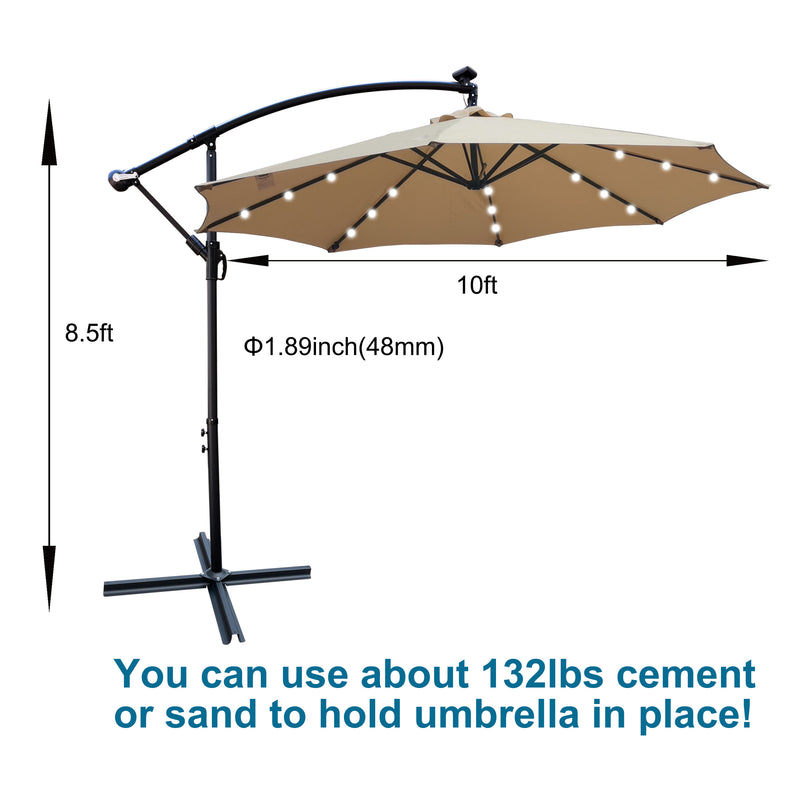 Supfirm Tan 10 ft Outdoor Patio Umbrella Solar Powered LED Lighted Sun Shade Market Waterproof 8 Ribs Umbrella with Crank and Cross Base for Garden Deck Backyard Pool Shade Outside Deck Swimming Pool