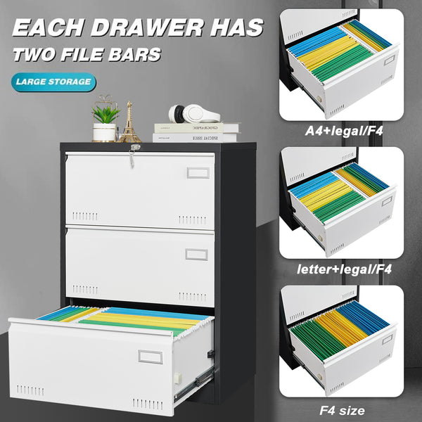 Supfirm 3 Drawer Metal Lateral File Cabinet with Lock,Office Vertical Files Cabinet for Home Office/Legal/Letter/A4,Locking Metal File Cabinet,Assembly Required