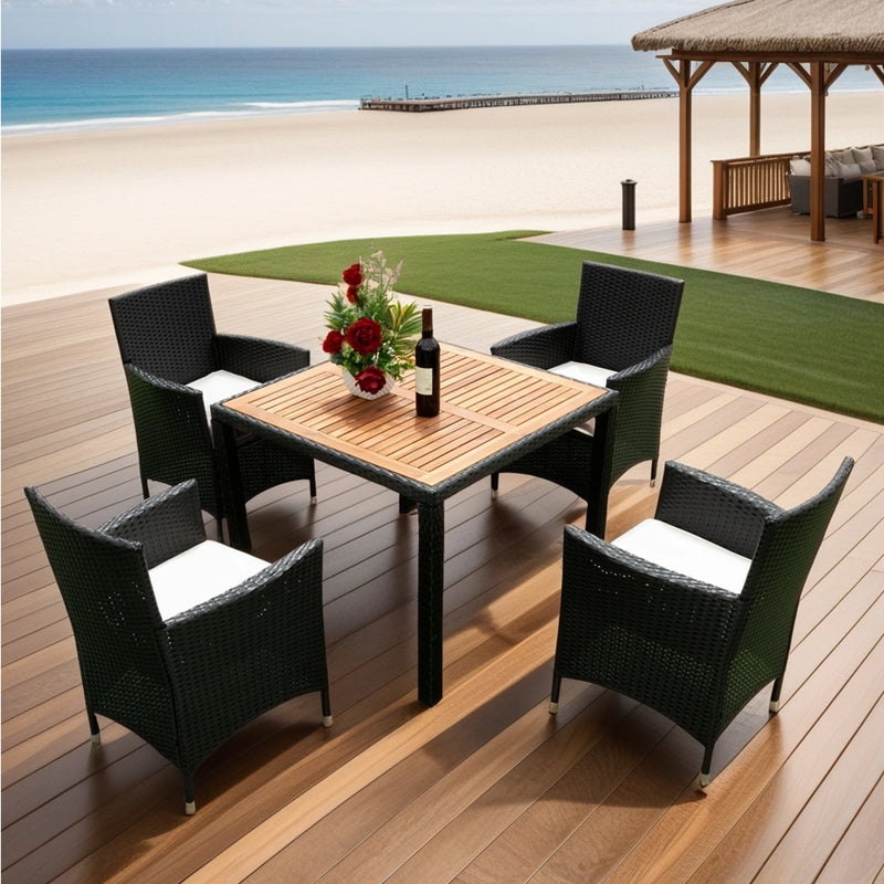 Supfirm EELIFEE 5 piece Outdoor Patio Wicker Dining Set Patio Wicker Furniture Dining Set w/Acacia Wood Top Black Wicker + Creme Cushion