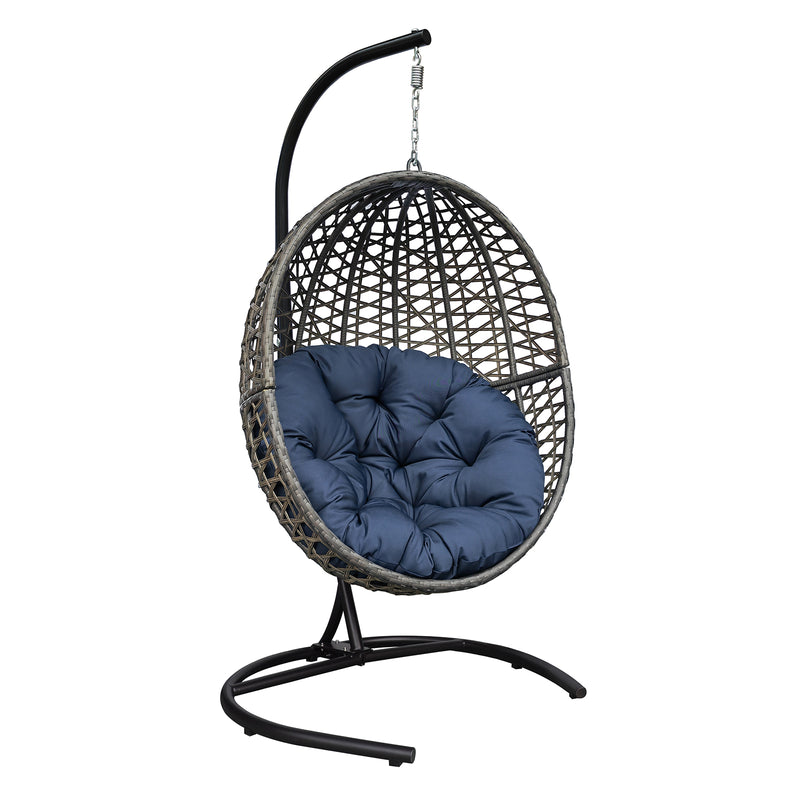 Supfirm Hanging Swing Egg Chair with Stand,Outdoor Patio Wicker Tear Drop Shape Hammock Chair with Cushion (Navy Blue)