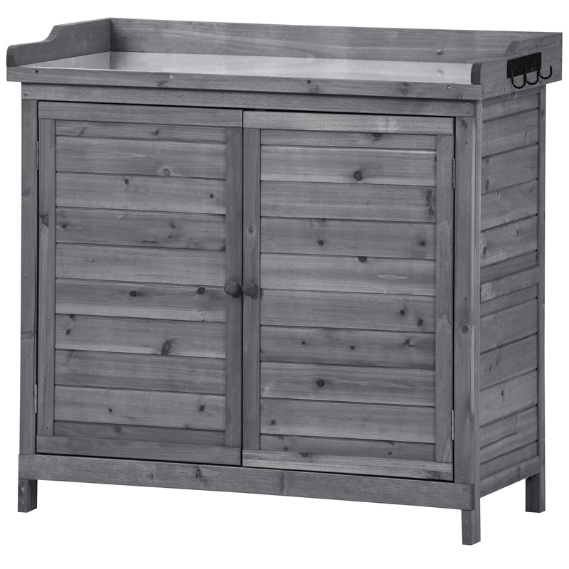 Supfirm TOPMAX Outdoor 39" Potting Bench Table, Rustic Garden Wood Workstation Storage Cabinet Garden Shed with 2-Tier Shelves and Side Hook, Grey