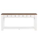 Supfirm 63" Pine Wood Console Table with 4 Drawers and 1 Bottom Shelf for Entryway Hallway Easy Assembly 63 inch Long Sofa Table  (Antique White+ Brown Top)