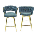 Bar Chair Suede Woven Bar Stool Set of 2,Golden legs Barstools No Adjustable Kitchen Island Seat Chairs,360 Swivel Bar Stools Upholstered Bar Chair Counter Stool Arm Chairs with Back Footrest, (Blue) - Supfirm