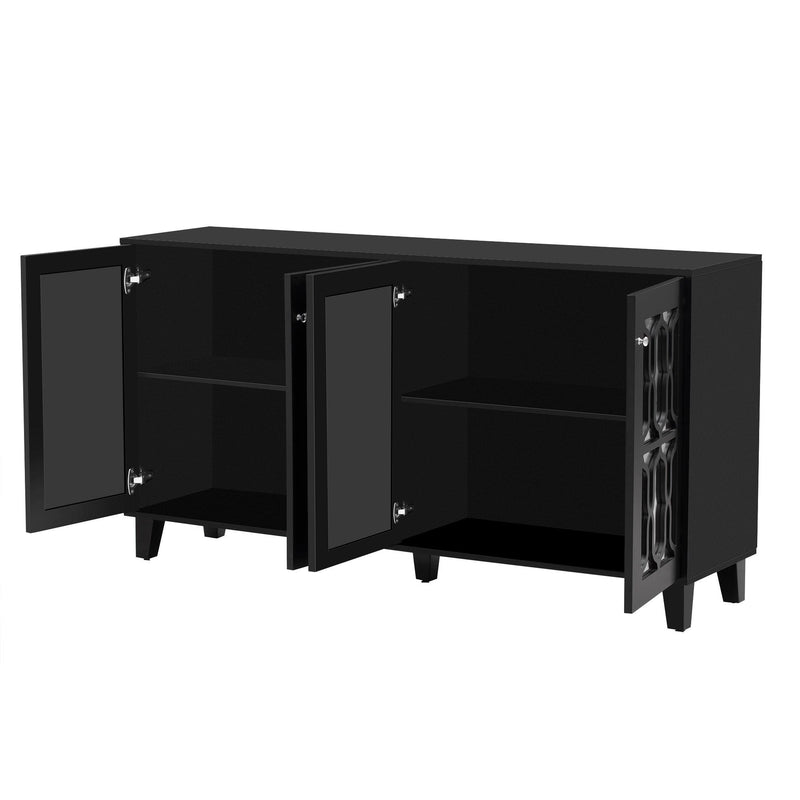 ON-TREND Buffet Cabinet with Adjustable Shelves, 4-Door Mirror Hollow-Carved TV stand for TVs Up to 65'', Multi-functional Console Table with Storage Credenza Accent Cabinet for Living Room, Black - Supfirm