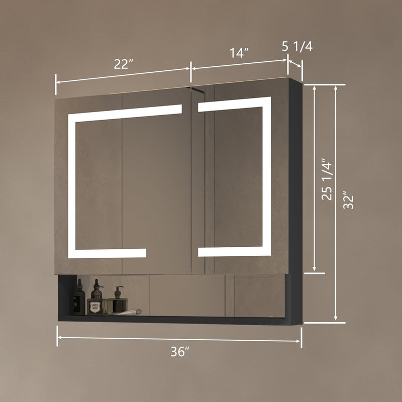 Supfirm Lighted Medicine Cabinet 36 x 32 Inch, Recessed or Surface , Clock, Room Temp Display,Defog,Night Light,Stepless Dimming,3000K-6400K, Outlets & USBs,Double Sided Mirror.Black External Storage Shelf - Supfirm