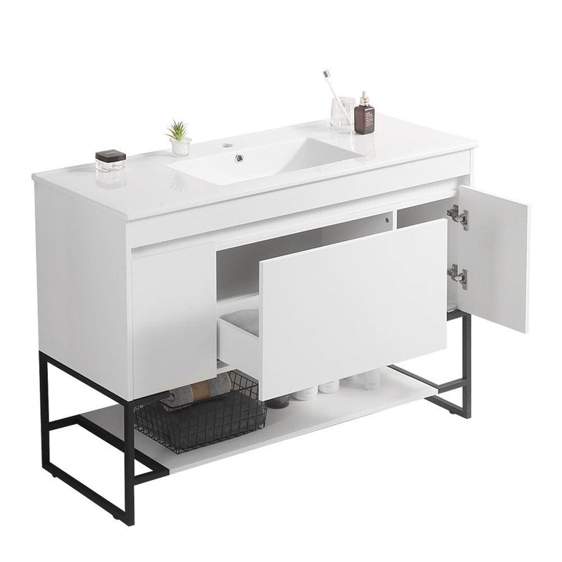 48" Bathroom Vanity with Sink,Bathroom Vanity Cabinet with Two Soft Close Cabinet Doors & soft-close Drawers,Bathroom Storage Cabinet with a Lower Open Shelf,with Metal Legs,White Ceramic Sink,White - Supfirm