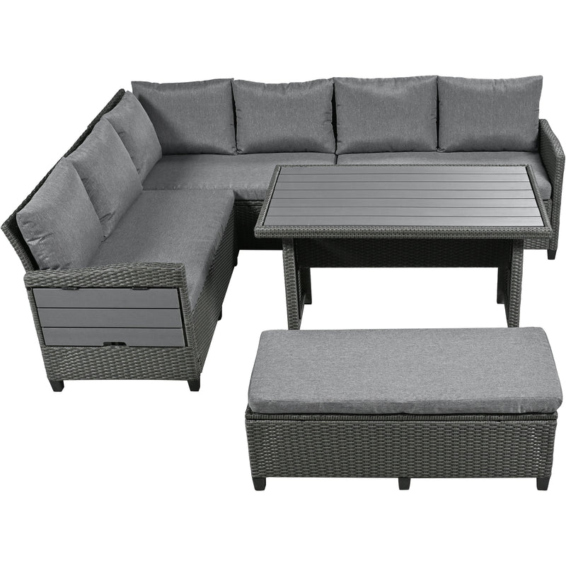 Supfirm TOMAX 5-Piece Outdoor Patio Rattan Sofa Set, Sectional PE Wicker L-Shaped Garden Furniture Set with 2 Extendable Side Tables, Dining Table and Washable Covers for Backyard, Poolside, Indoor, Gray