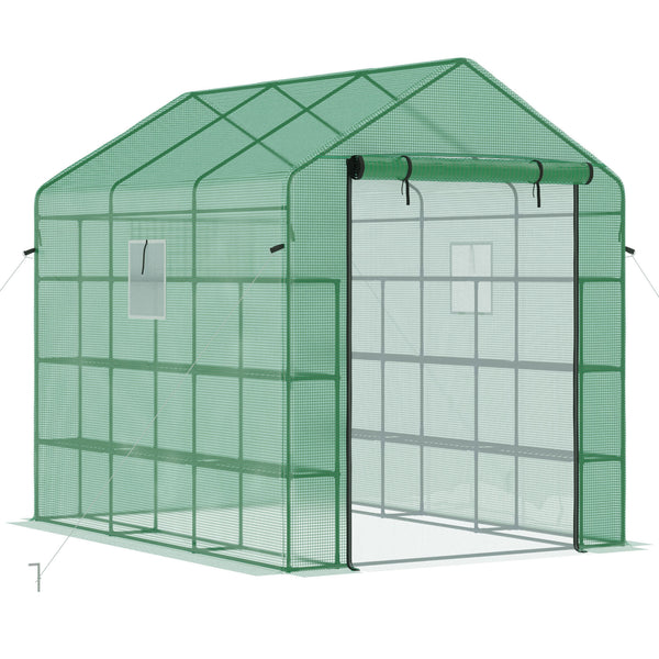 Supfirm 8' x 6' x 7' Walk-in Greenhouse with Mesh Door and Windows, 18 Shelf Hot House with Trellis, Plant Labels, UV protective for Growing Flowers, Herbs, Vegetables, Saplings, Green