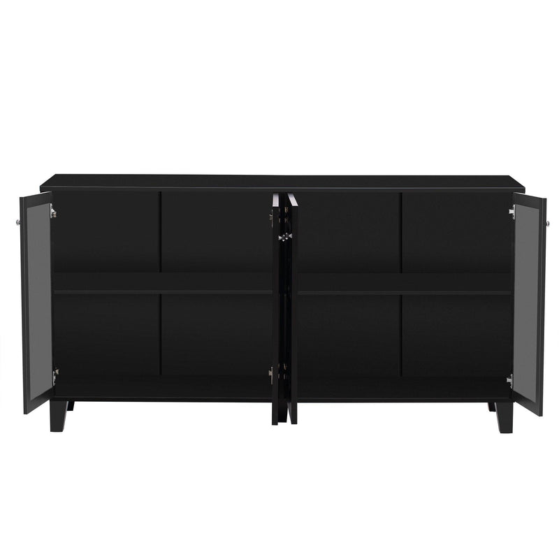 ON-TREND Buffet Cabinet with Adjustable Shelves, 4-Door Mirror Hollow-Carved TV stand for TVs Up to 65'', Multi-functional Console Table with Storage Credenza Accent Cabinet for Living Room, Black - Supfirm