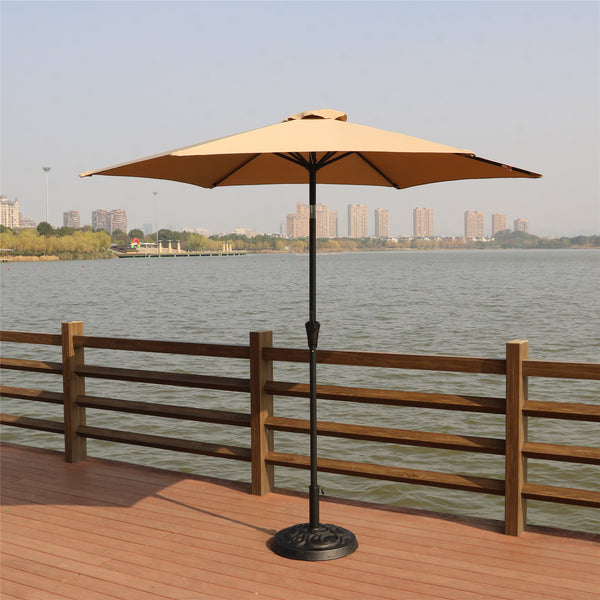 Supfirm 8.8 feet Outdoor Aluminum Patio Umbrella, Patio Umbrella, Market Umbrella with 33 pounds Round Resin Umbrella Base, Push Button Tilt and Crank lift, Taupe