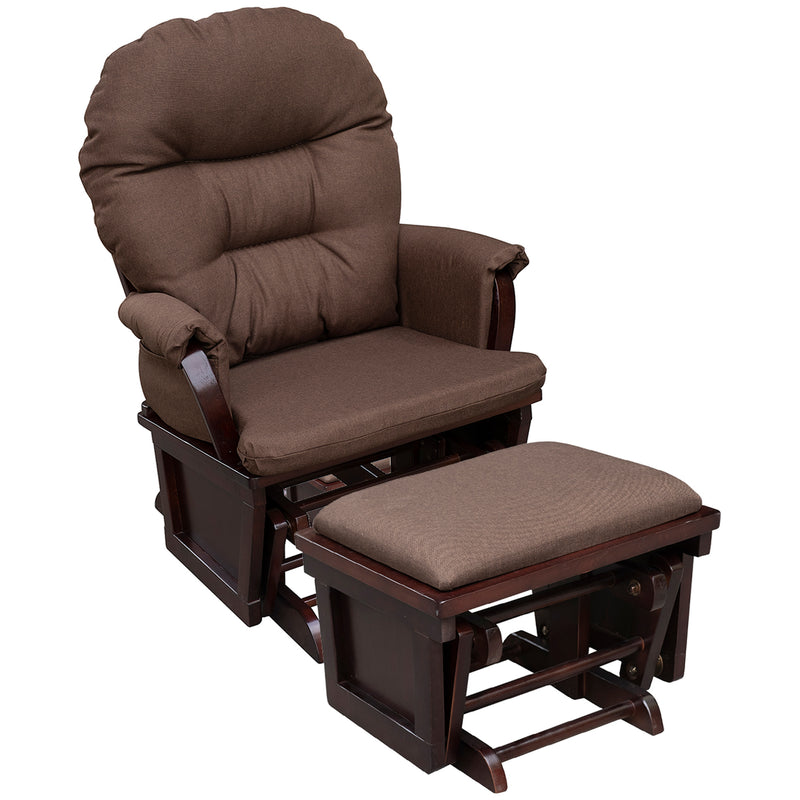 Supfirm HOMCOM Nursery Glider Rocking Chair with Ottoman, Thick Padded Cushion Seating and Wood Base, Brown