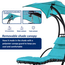 Supfirm Hanging Chaise Lounger with Removable Canopy, Outdoor Swing Chair with Built-in Pillow, Hanging Curved Chaise Lounge Chair Swing for Patio Porch Poolside, Hammock Chair with Stand (Blue)