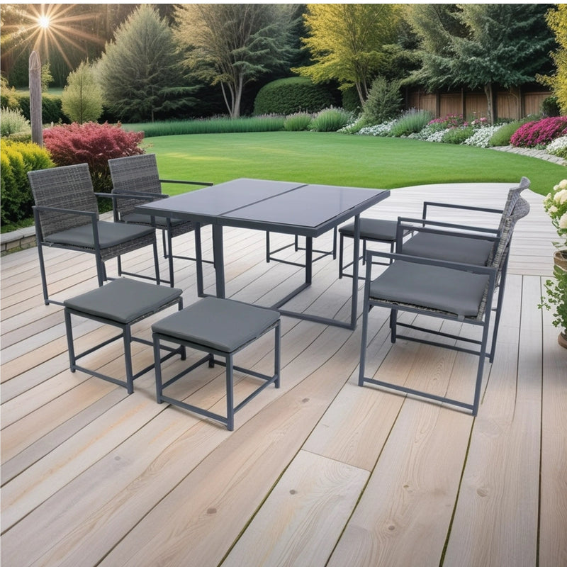 Supfirm 9 Pieces Patio Dining Sets Outdoor Space Saving Rattan Chairs with Glass Table Top Grey Wicker + Dark Grey Cushion