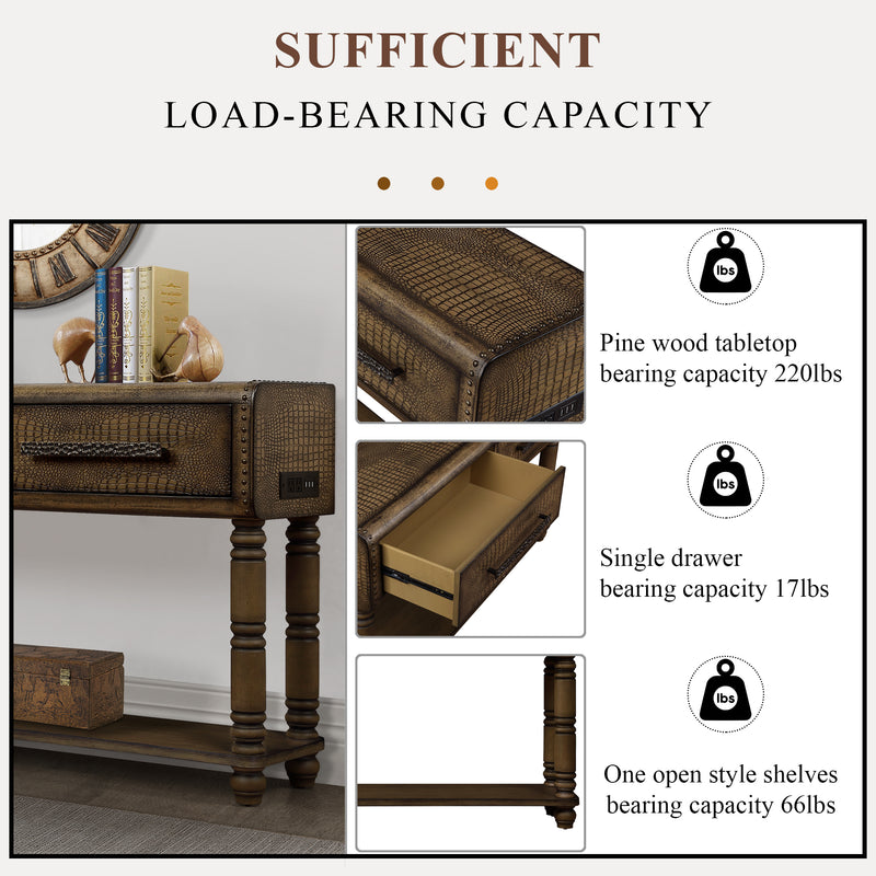 Supfirm Light Luxury Retro Sofa Table with outlets, 54 inch pine wood console table with 2 Power Outlets and 2 USB Ports for entryway/hallway/ living room with solid wood legs Antique Yellow