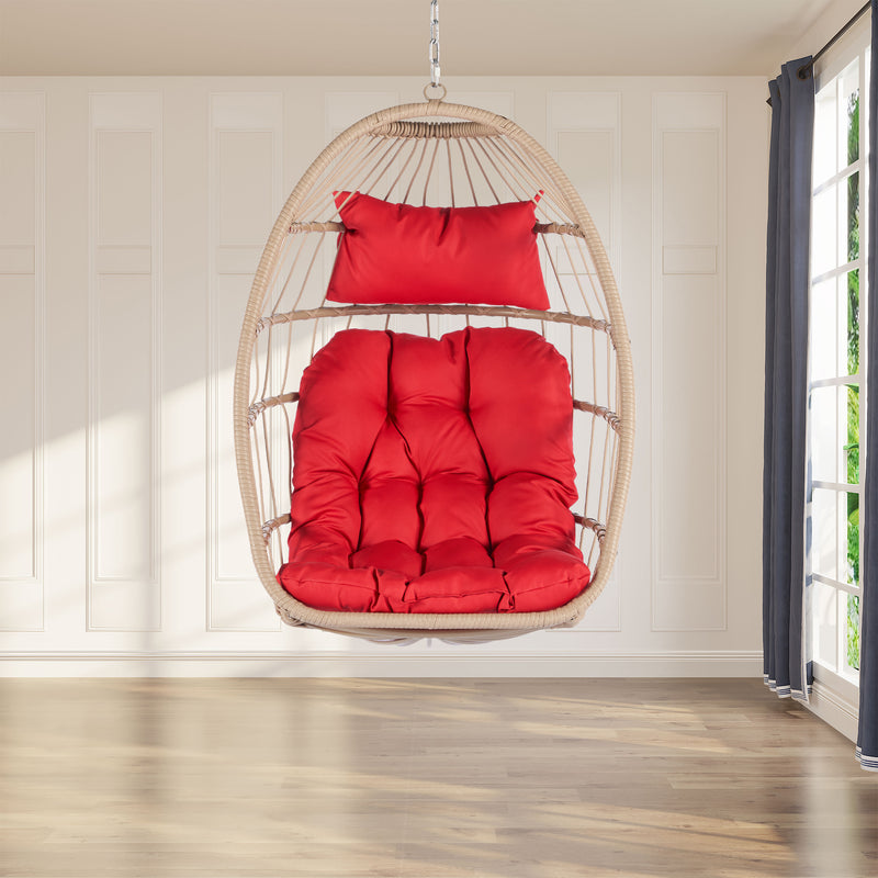 Supfirm Outdoor Garden Rattan Egg Swing Chair Hanging Chair Wood+Red cushion