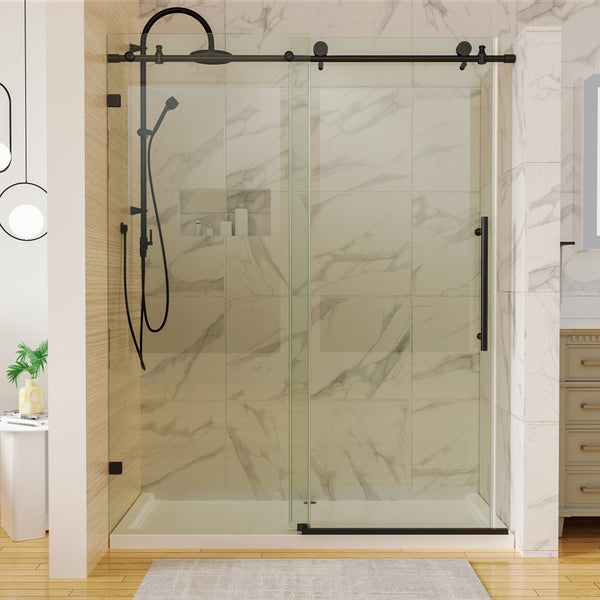 Supfirm 60 in. W x 74 in. H Sliding Frameless Shower Door in Matte Black with 5/16 in. (8 mm) Clear Glass