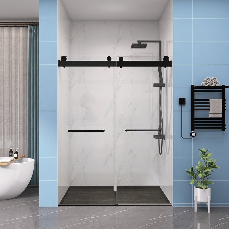 Supfirm Frameless Double Sliding Shower, 69" - 72" Width, 79" Height, 3/8" (10 mm) Clear Tempered Glass, , Designed for Smooth Door with Clear Tempered Glass and Stainless Steel Hardware in Matte Black Finish