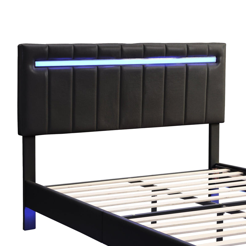 Queen Size Floating Bed Frame with LED Lights and USB Charging,Modern Upholstered Platform LED Bed Frame,Black - Supfirm