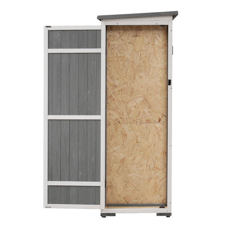 Supfirm [Video Provided] TOPMAX Outdoor 5.5ft Hx4.1ft L Wood Storage Shed, Garden Tool Cabinet with Waterproof Asphalt Roof, Four Lockable Doors, Multiple-tier Shelves, White and Gray