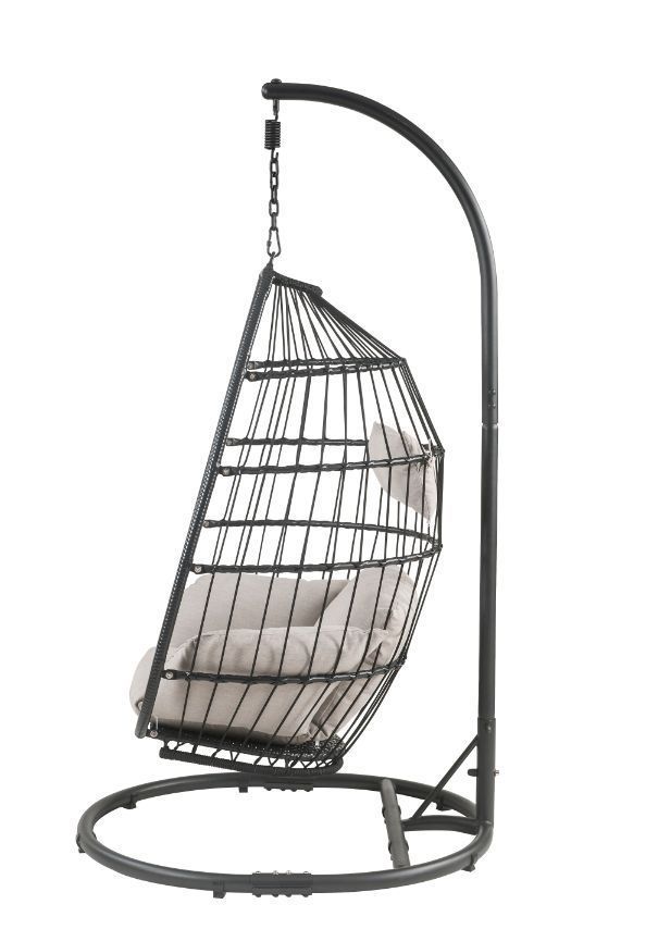 Supfirm ACME Oldi Patio Hanging Chair with Stand, Beige Fabric & Black Wicker 45115