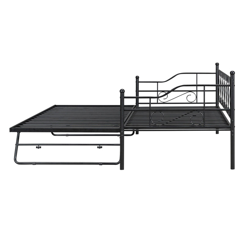 Twin Size Metal Daybed with Twin Size Adjustable Trundle, Portable Folding Trundle, Black - Supfirm