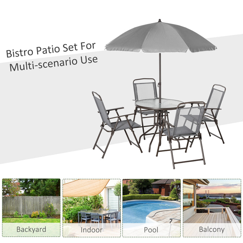 Supfirm 6 Piece Patio Dining Set for 4 with Umbrella, Outdoor Table and Chairs with 4 Folding Dining Chairs & Round Glass Table for Garden, Backyard and Poolside, Gray