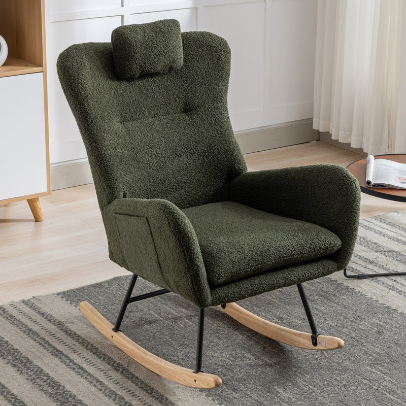 Supfirm 35.5 inch Rocking Chair with Pocket, Soft Teddy Fabric Rocking Chair for Nursery, Comfy Wingback Glider Rocker with Safe Solid Wood Base for Living Room Bedroom Balcony (dark green)