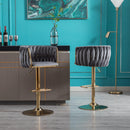 Set of 2 Bar Kitchen Stools Seat,with Chrome Footrest and Base Swivel Height Adjustable Mechanical Lifting Velvet + Golden Leg Simple Bar Stool-Grey - Supfirm