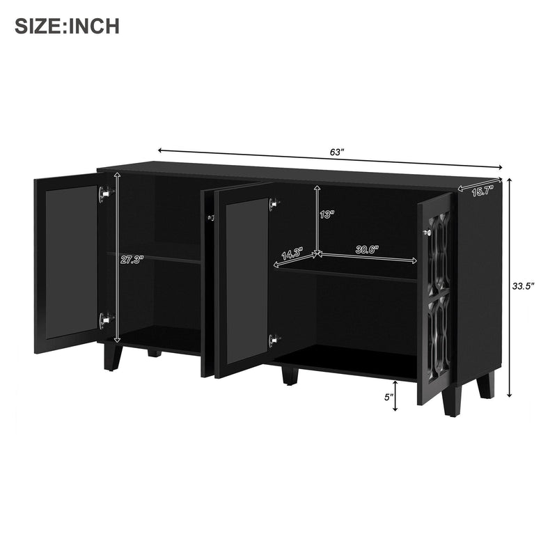 ON-TREND Buffet Cabinet with Adjustable Shelves, 4-Door Mirror Hollow-Carved TV stand for TVs Up to 65'', Multi-functional Console Table with Storage Credenza Accent Cabinet for Living Room, Black - Supfirm