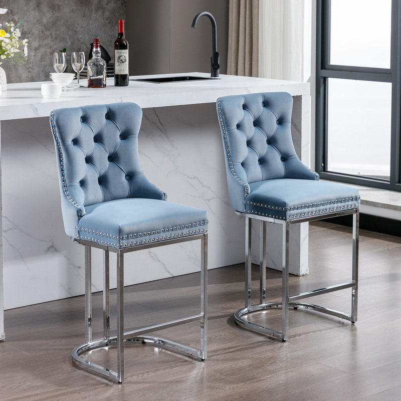 26" Counter Height Bar Stools Set of 2, Modern Velvet Barstools with Button Back&Rivet Trim Upholstered Kitchen Island Chairs with Sturdy Chromed Metal Base Legs Farmhouse Bar Stools,Light Blue,2 Pack - Supfirm