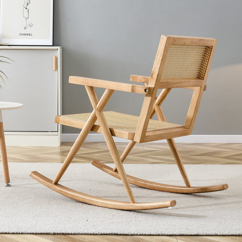 Supfirm Solid wood+imitation rattan rocking chair allows you to relax quietly indoors and outdoors, enhancing your sense of relaxation, suitable for balconies, gardens, and camping sites