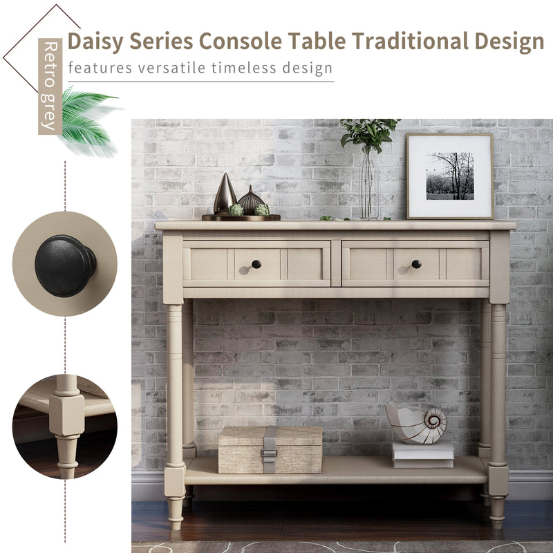 Supfirm TREXM Daisy Series Console Table Traditional Design with Two Drawers and Bottom Shelf (Retro Grey)