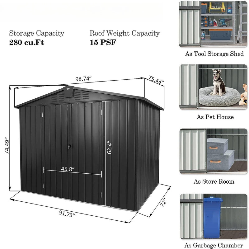 Supfirm Outdoor Storage Shed 8.2'x 6.2', Metal Garden Shed for Bike, Trash Can, Galvanized Steel Outdoor Storage Cabinet with Lockable Door for Backyard, Patio, Lawn (8.2x6.2ft, Black)