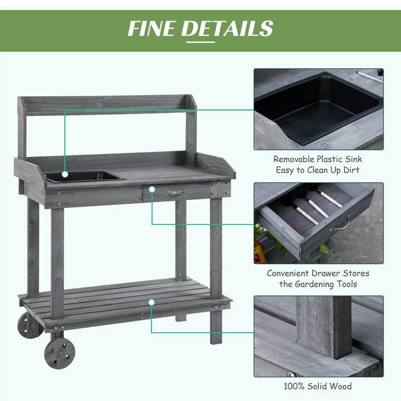 Supfirm 36'' Wooden Potting Bench Work Table with 2 Removable Wheels, Sink, Drawer & Large Storage Spaces, Gray