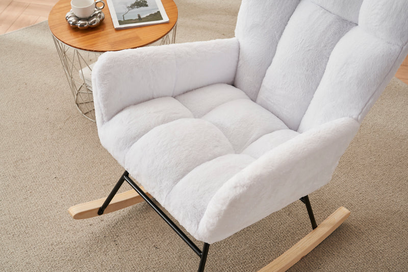 Supfirm Rocking Chair Nursery, Solid Wood Legs Reading Chair with Faux Fur Upholstered , Nap Armchair for Living Rooms, Bedrooms, Offices, Best Gift,White Faux Fur