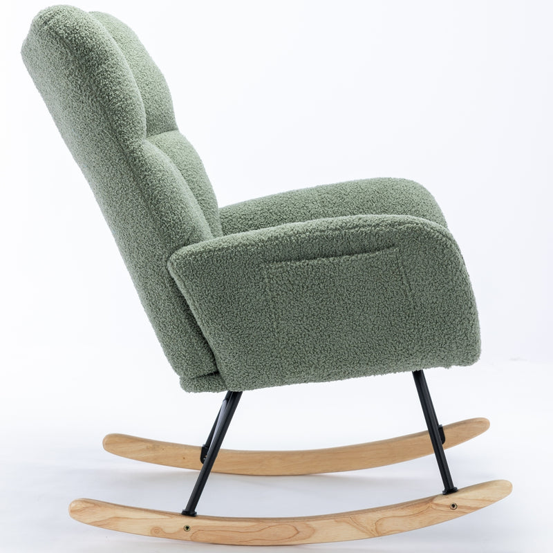 Supfirm Rocking Chair with Pocket, Soft Teddy Fabric Rocking Chair for Nursery, Comfy Wingback Glider Rocker with Safe Solid Wood Base for Living Room Bedroom Balcony (green)